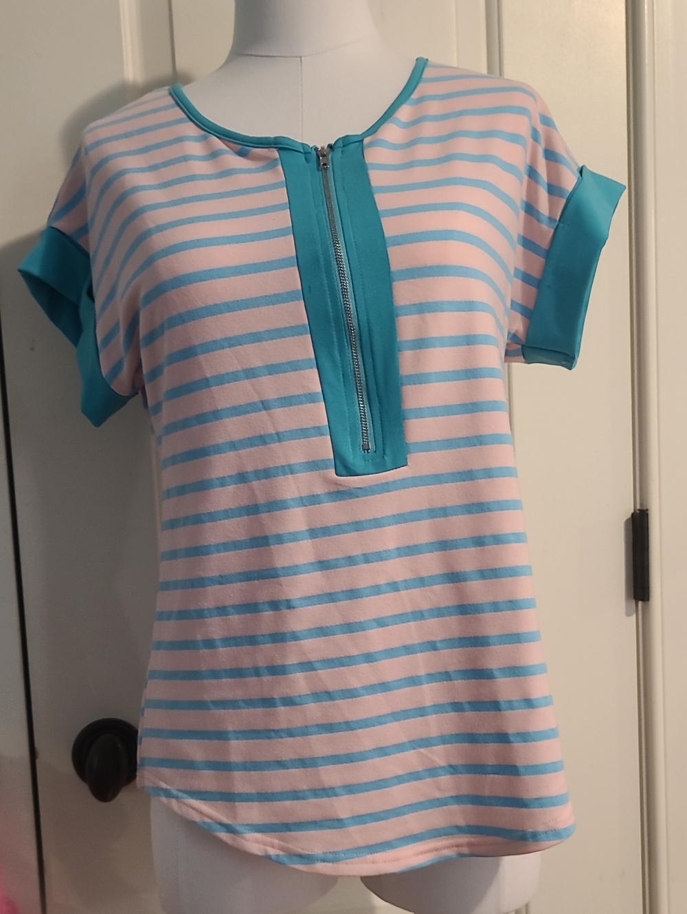 Pink And Light Blue Striped Shirt With Zipper
